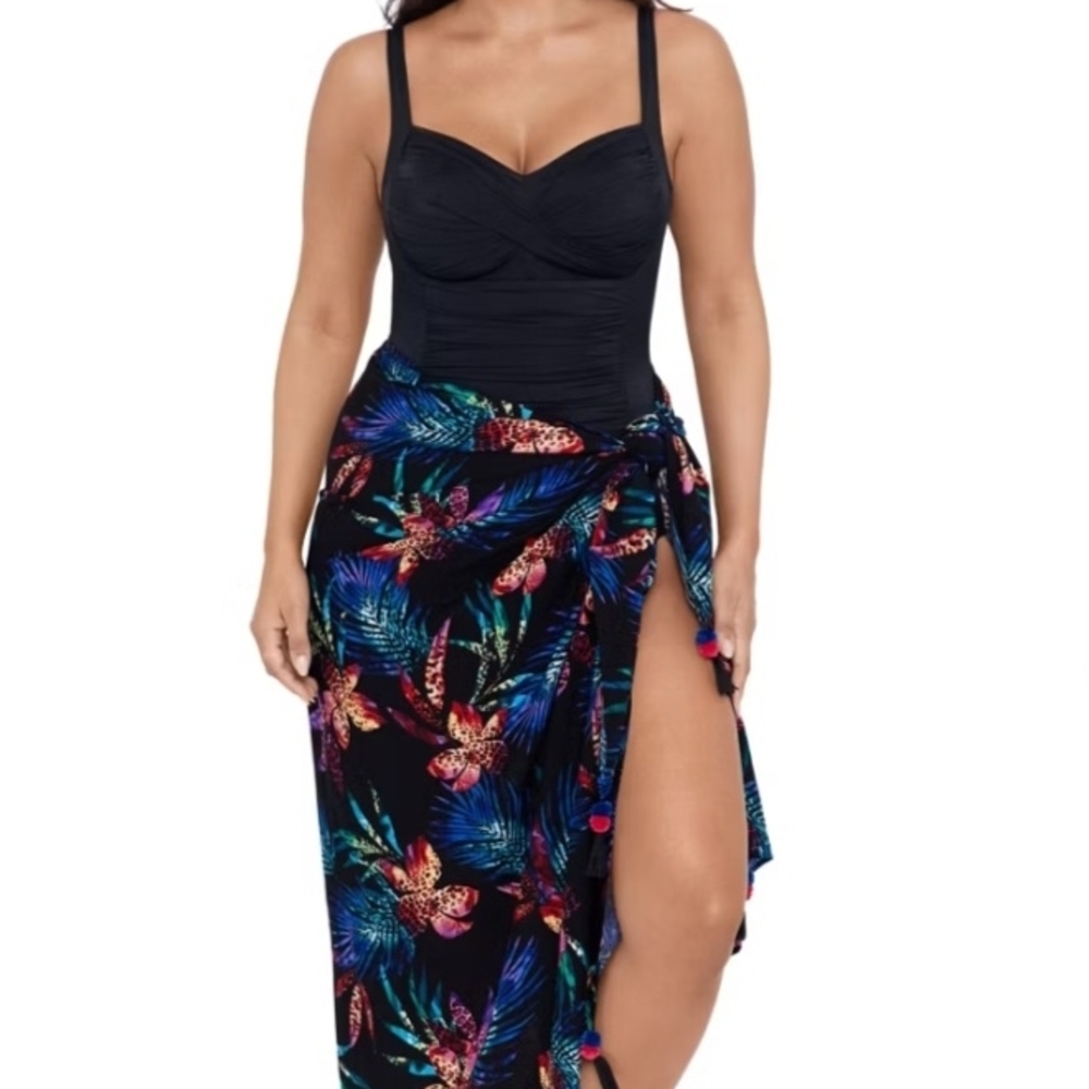 Black Swim Coverup Sarong with Tropical Floral Print